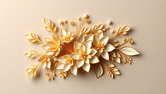 Intricate Paper Quilling Floral Element with Gold Edges Isolated on Neutral Background