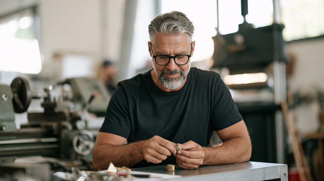 Engraver in industrial workshop sits alone with small textured fidget tool between fingers during pause between projects, lathe and etching press visible behind, sensory focus aid resting on metal w