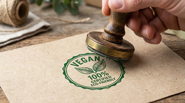 Vegan eco-friendly stamp being pressed on paper