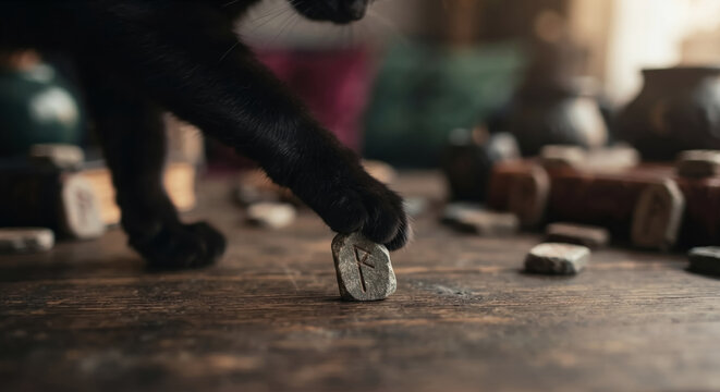 Close-up of a black cat's paw playing with a rune stone on a rustic wooden table.