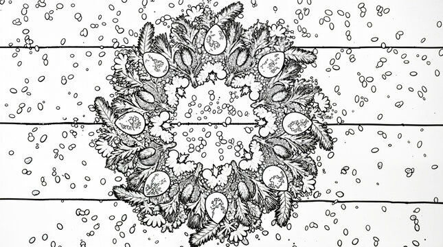 Coloring page Christmas wreath with pinecones and berries on wooden wall for Christmas holiday in winter coziness