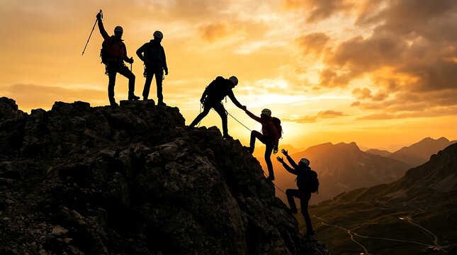 Mountaineers climbing rocky peak at sunset
