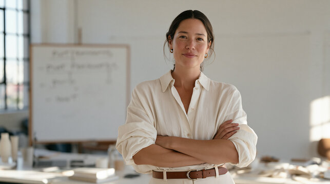 Executive coach stands alone in a minimalist photography studio, confident posture and direct gaze, a whiteboard of pivot frameworks visible in background, strong natural side lighting carving shado