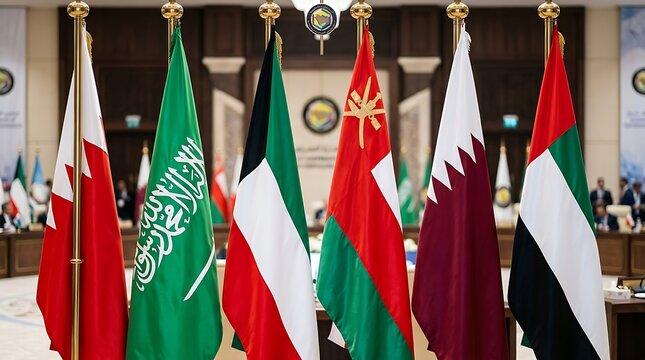 Flags of gulf cooperation council countries displayed together