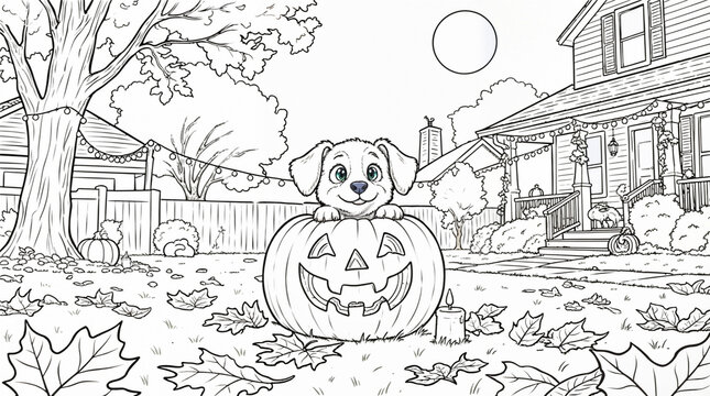 Coloring page cute puppy peeking out of jack o lantern pumpkin for Halloween holiday in autumn yard in front of house