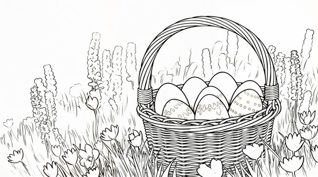 Coloring page woven basket with Easter eggs among spring flowers and grass for Easter holiday in nature