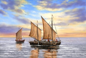 Traditional Fishing Boats with Brown Sails at Sunset on Calm Sea – Classic Maritime Oil Painting © yaroslavartist