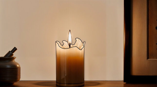 Burning candle in elegant glass holder on warm background &mdash; cozy atmosphere of meditation, Christmas, or Remembrance Day