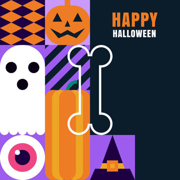 Halloween geometric banner, poster, greeting card. Holiday vector design with pumpkins, ghost, bone, eye, witch hat