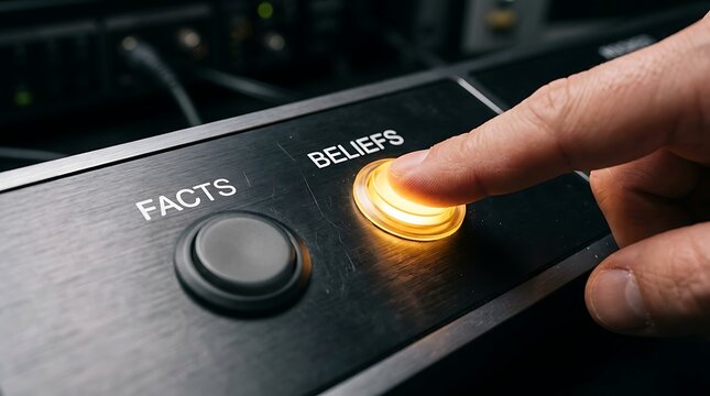 Hand turning coin stack from facts to beliefs knob