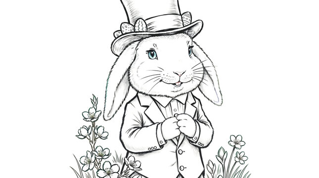 Coloring page elegant rabbit in top hat and jacket among spring flowers for Easter holiday with gentle mood