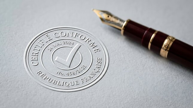 Certified conform stamp with gold fountain pen
