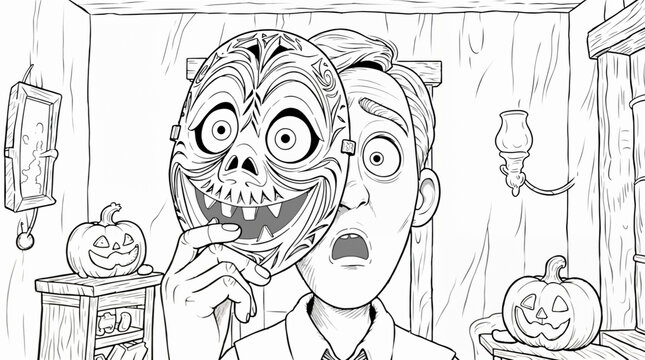 Coloring page of a person holding a scary mask beside jack-o'-lantern in a room &mdash; dynamic Halloween scene for kids