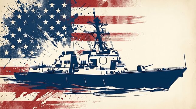 Military naval ship with american flag background
