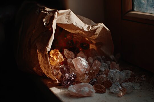 Golden light illuminates colorful gumdrops spilling from a torn paper bag