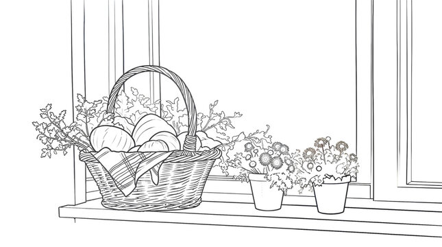 Coloring page of a basket with Easter eggs and potted flowers on a windowsill &mdash; cozy spring scene for kids