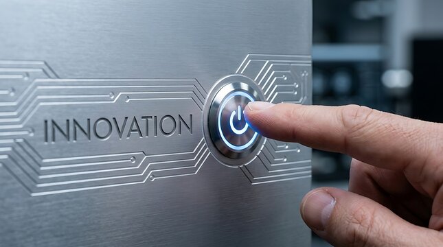 Hand pressing innovation button on digital screen