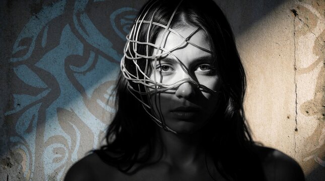 Young woman face with wire wrapped around head. Portrait shows internal mental struggle, psychological burden. Dark grey wall background adds mood to theme. Concept of anxiety, stress, trapped mind,