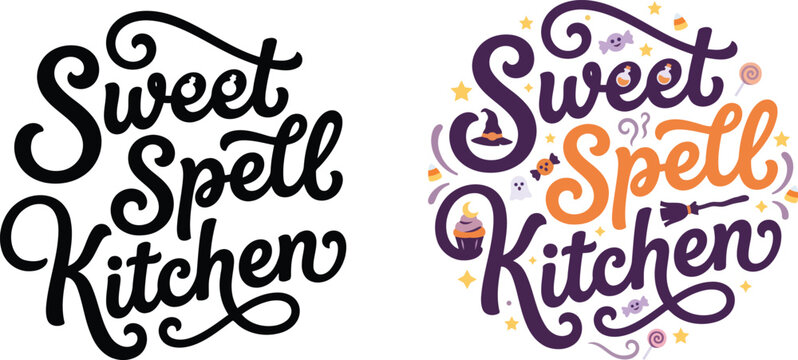 Sweet spell kitchen typographic design with halloween elements including ghosts candies pumpkins and witch hat vector art.