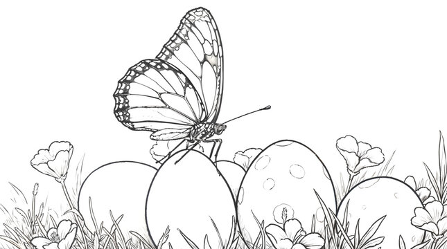 Coloring page of a butterfly on Easter eggs among flowers and grass &mdash; gentle spring scene for kids