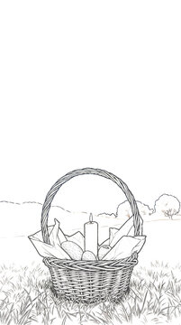 Coloring page of a woven basket with Easter eggs on a meadow &mdash; simple spring scene for kids