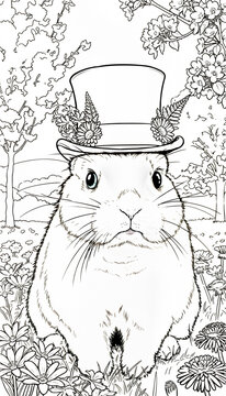 Coloring page of a hamster in top hat with floral decorations among plants &mdash; charming spring scene for kids