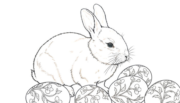 Coloring page of a rabbit among patterned Easter eggs &mdash; gentle spring illustration for kids