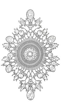 Coloring page of ornamental mandala with eggs and floral elements &mdash; Easter meditative illustration for kids and adults