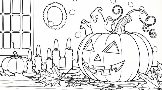 Coloring page of a jack-o'-lantern with ghost, candles, and window &mdash; cozy Halloween composition for kids