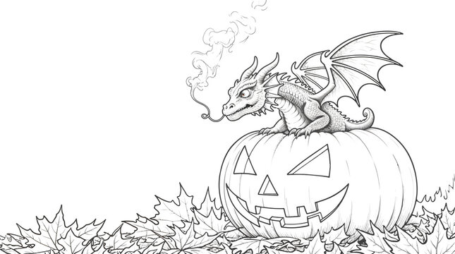 Coloring page of a dragon sitting on a jack-o'-lantern with smoke from its nostrils &mdash; magical Halloween scene for kids