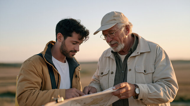 Geographic surveyor and an older bakery entrepreneur share coordinates and site maps under twilight blue light at a rural boundary, the younger surveyor learning from the elder as a former lawyer ex