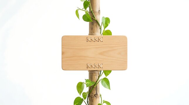 Wooden sign attached to bamboo plant stem