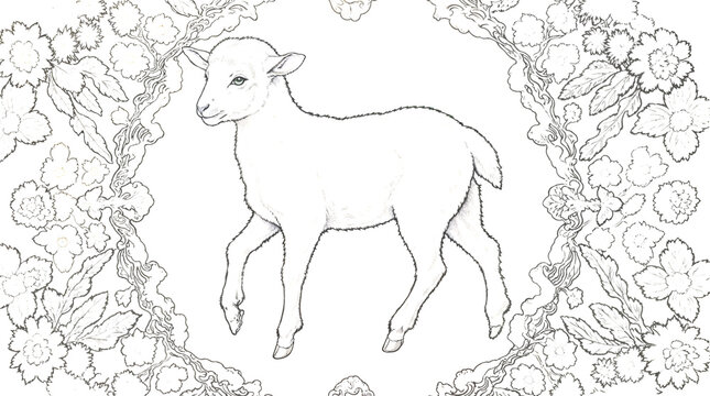 Coloring page of a lamb in floral ornamental frame &mdash; gentle Easter illustration for kids and mindfulness