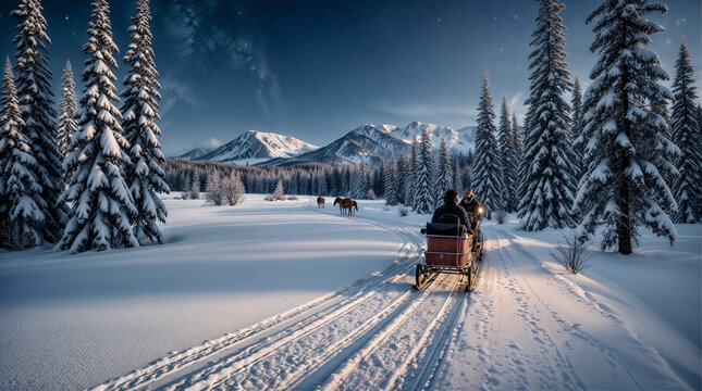 Winter sleigh ride through snowy mountain forest at dusk &mdash; magical Christmas and New Year atmosphere