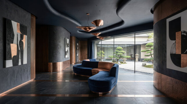 Modern luxury hotel lobby interior with curved blue velvet sofa and minimalist art pieces.