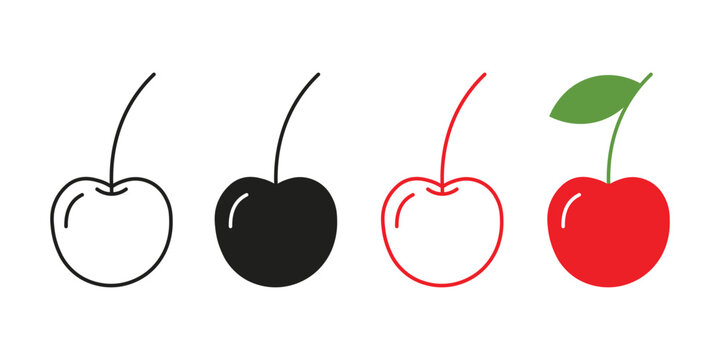 Cherry fruit icon set in various styles including outline solid and colored vector flat isolated for food and design.