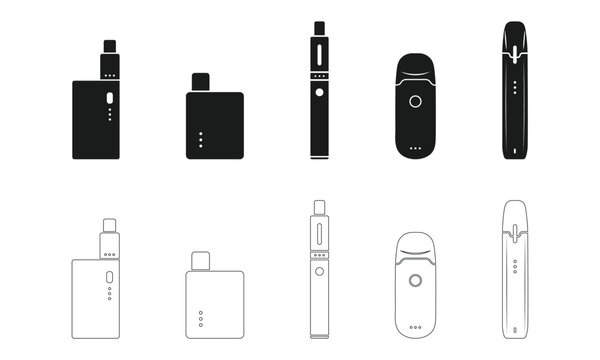 Electronic vaping devices set with mods and pods in outline and solid vector style for modern smoking technology products.