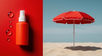 Obraz premium Red spray bottle with water drops next to beach umbrella on sand shore. Summer sun protection concept with cosmetic product for skin care. Plastic container for moisture mist. Bright color theme for