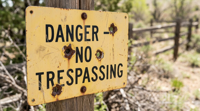 Warning sign reading danger no trespassing with visible shot holes on a wooden post in a natural setting. This cautionary sign emphasizes personal safety and property rights in outdoor areas