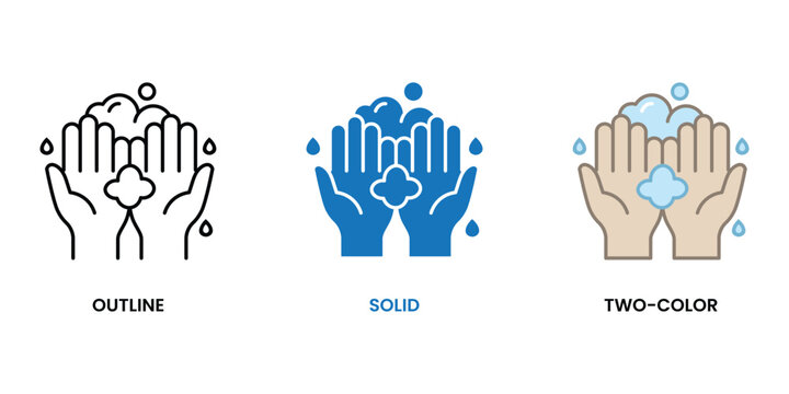 Hand washing icon set displaying outline solid and two color versions for hygiene sanitation and healthcare procedures.