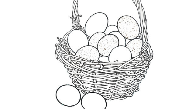 Coloring page of a woven basket with Easter eggs and two loose eggs beside it &mdash; gentle spring scene for kids