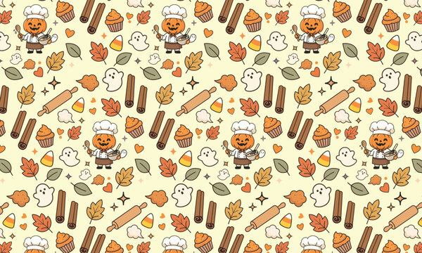 Halloween baking pattern with pumpkin chef character ghosts and fall leaves for festive seasonal kitchen textile design.