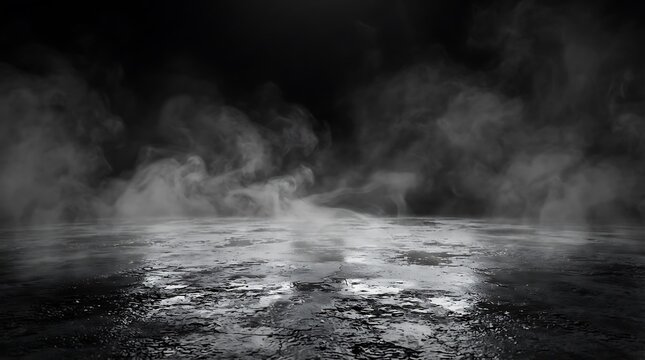 Dramatic black and white empty street scene with wet asphalt and swirling smoke creating a mysterious and moody atmosphere