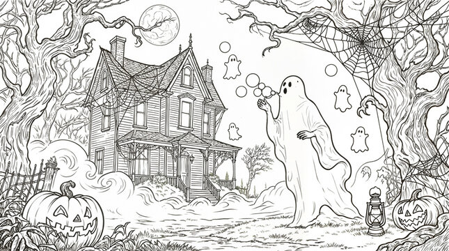 Coloring page of a ghost near an old house with pumpkins and spiderwebs &mdash; atmospheric Halloween scene for kids