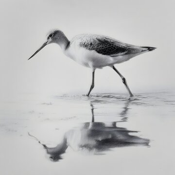 Shorebird pencil sketch walking through shallow water with reflection image