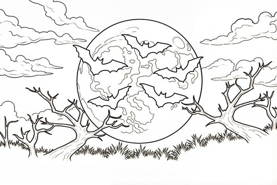 Coloring page of a moon with bats among autumn trees &mdash; mystical Halloween night scene