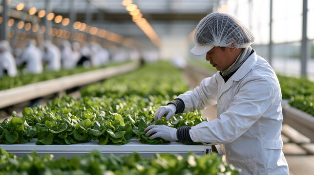 Greenhouse cultivation workers in hairnets and gloves tending hydroponic lettuce rows under artificial grow lights, warm amber interior illuminating dozens of colleagues along the growing corridor, 
