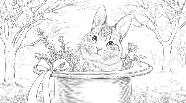 Coloring page of a rabbit in a hat with flowers among trees &mdash; gentle spring scene for kids