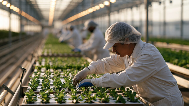 Greenhouse cultivation workers in hairnets and gloves tending hydroponic lettuce rows under artificial grow lights, warm amber interior illuminating dozens of colleagues along the growing corridor, 