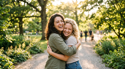 Fototapeta premium Two Friends Hugging on a Lush Garden Path